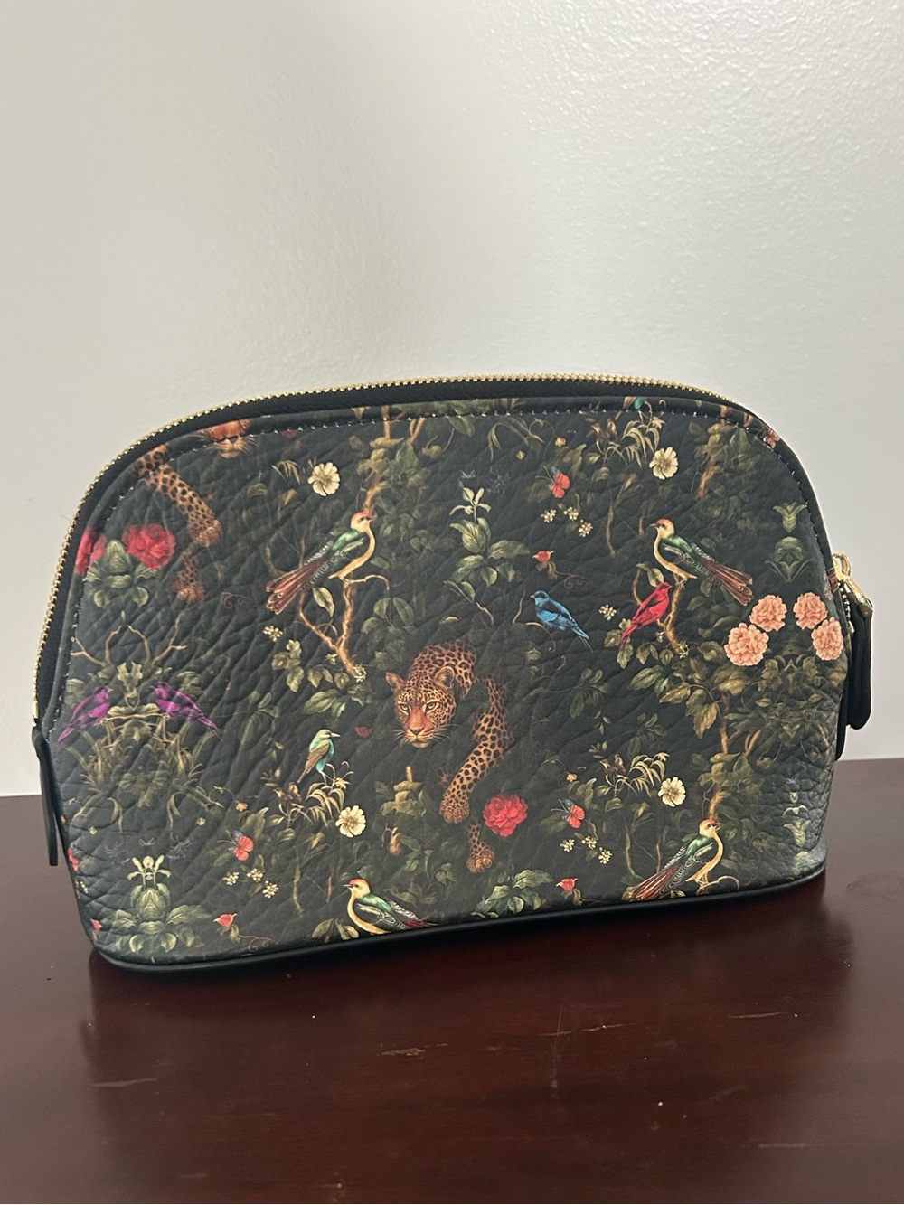 Faux Leather Pouch Zipper Cosmetic Bag Whimsical forest scene leopards birds